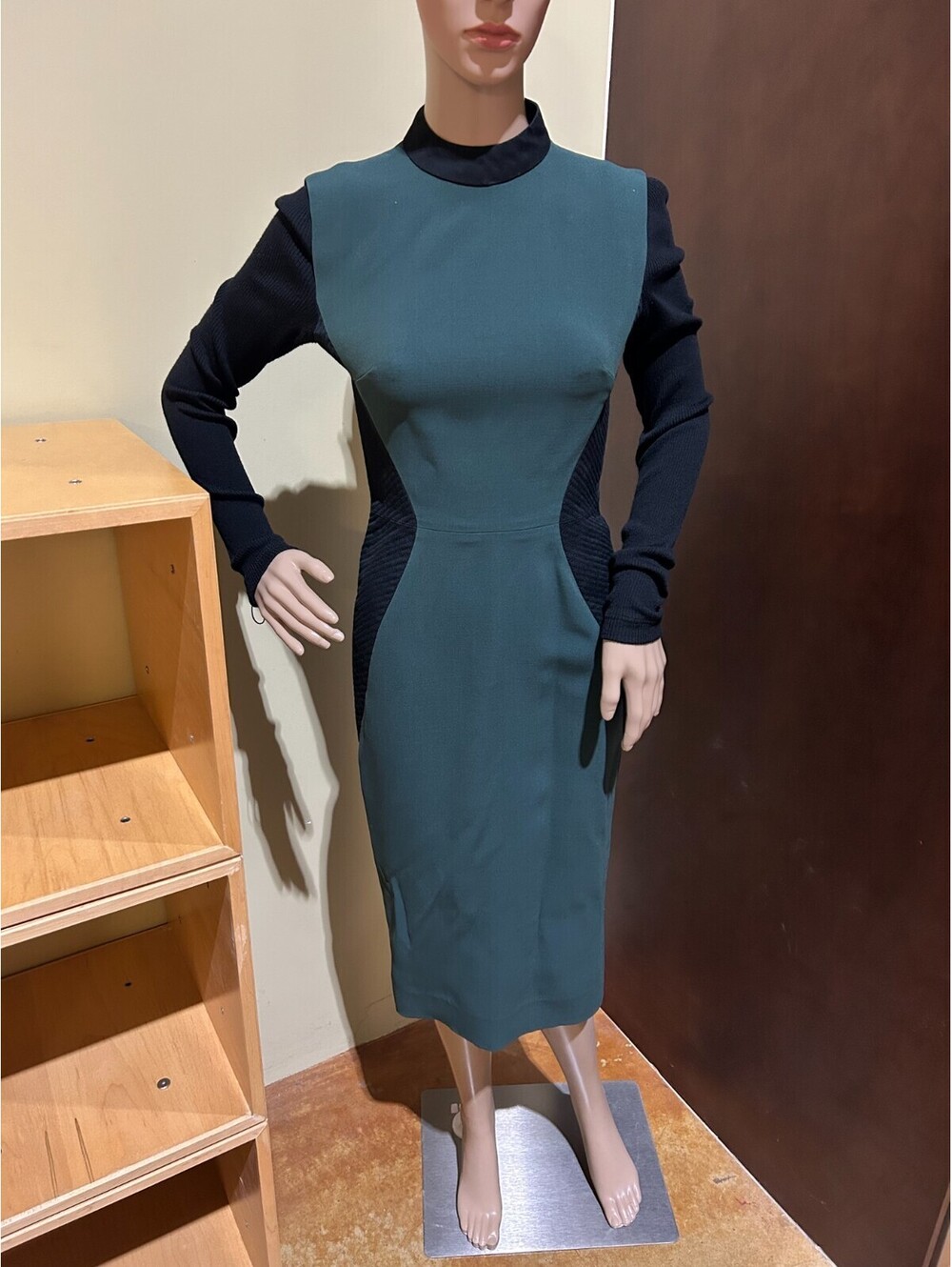 Victoria Beckham Black and Green Mock Neck Long Sleeve Dress Size S